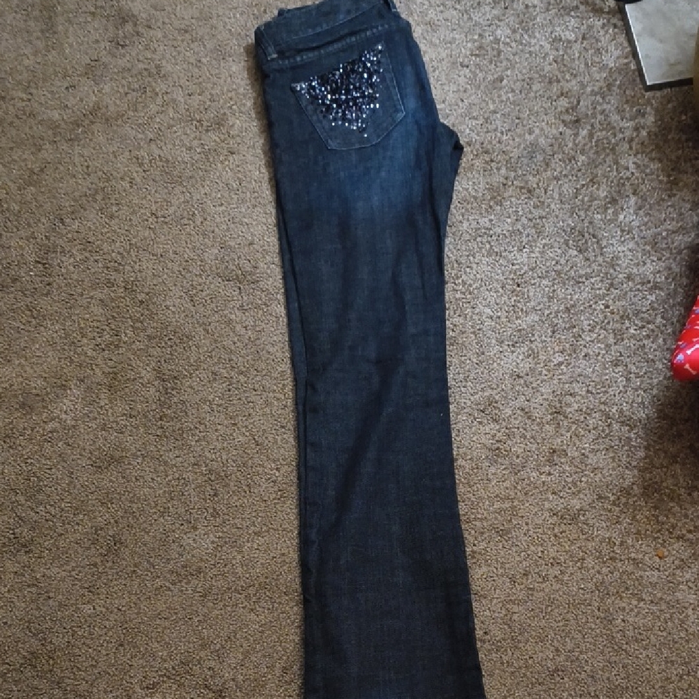Express Dark Blue Bootcut Jeans with Embellished Back Pocket